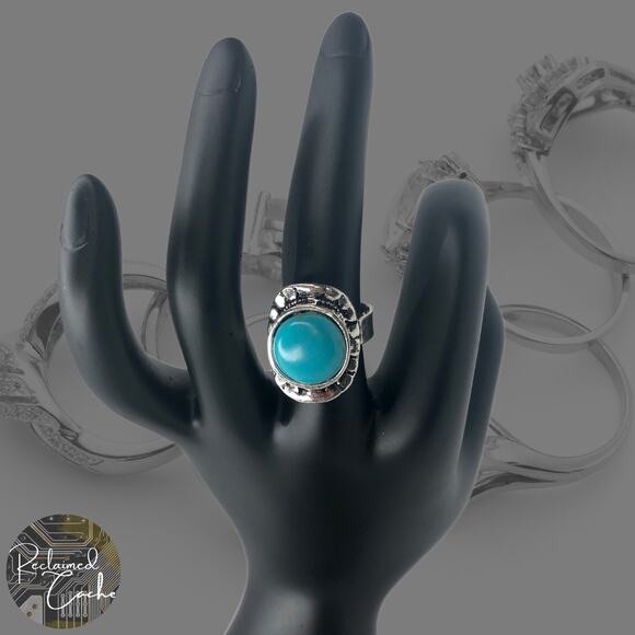 Silver Boho Ring with Turquoise Stone Ring - Size Adjustable - Picture 1 of 6